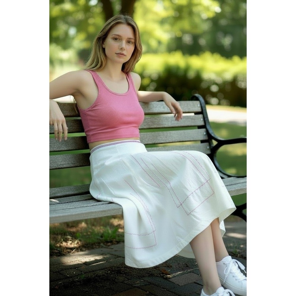 i.e. Midi Skirt Womens 12 White Pink Embroidered Cotton Excellent A-Line Boho - Picture 1 of 8